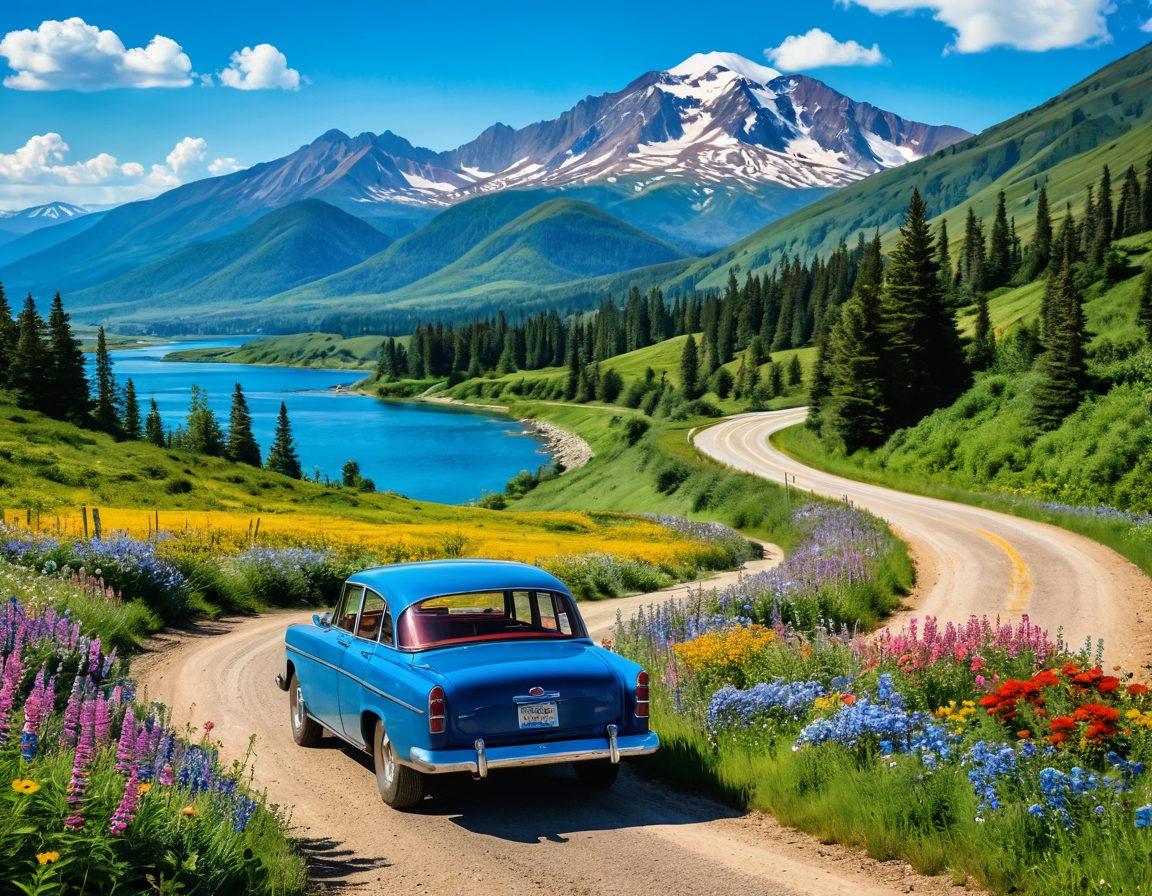 A winding scenic backroad flanked by lush greenery and colorful wildflowers, with a vintage car driving through. In the foreground, curious travelers with backpacks pause to admire the breathtaking landscape, while a distant mountain range emerges under a bright blue sky. The scene is infused with a sense of adventure and discovery. vibrant colors. super-realistic. painterly style.