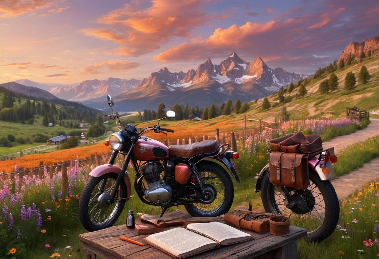 A scenic backroad winding through a picturesque landscape, lined with wildflowers and rustic wooden fencing. A vintage motorcycle parked by the roadside, with a traveler taking notes in a leather-bound journal, surrounded by breathtaking mountains in the background. The sky is a brilliant dawn with hues of orange and pink, suggesting adventure. super-realistic. vibrant colors. 3D.