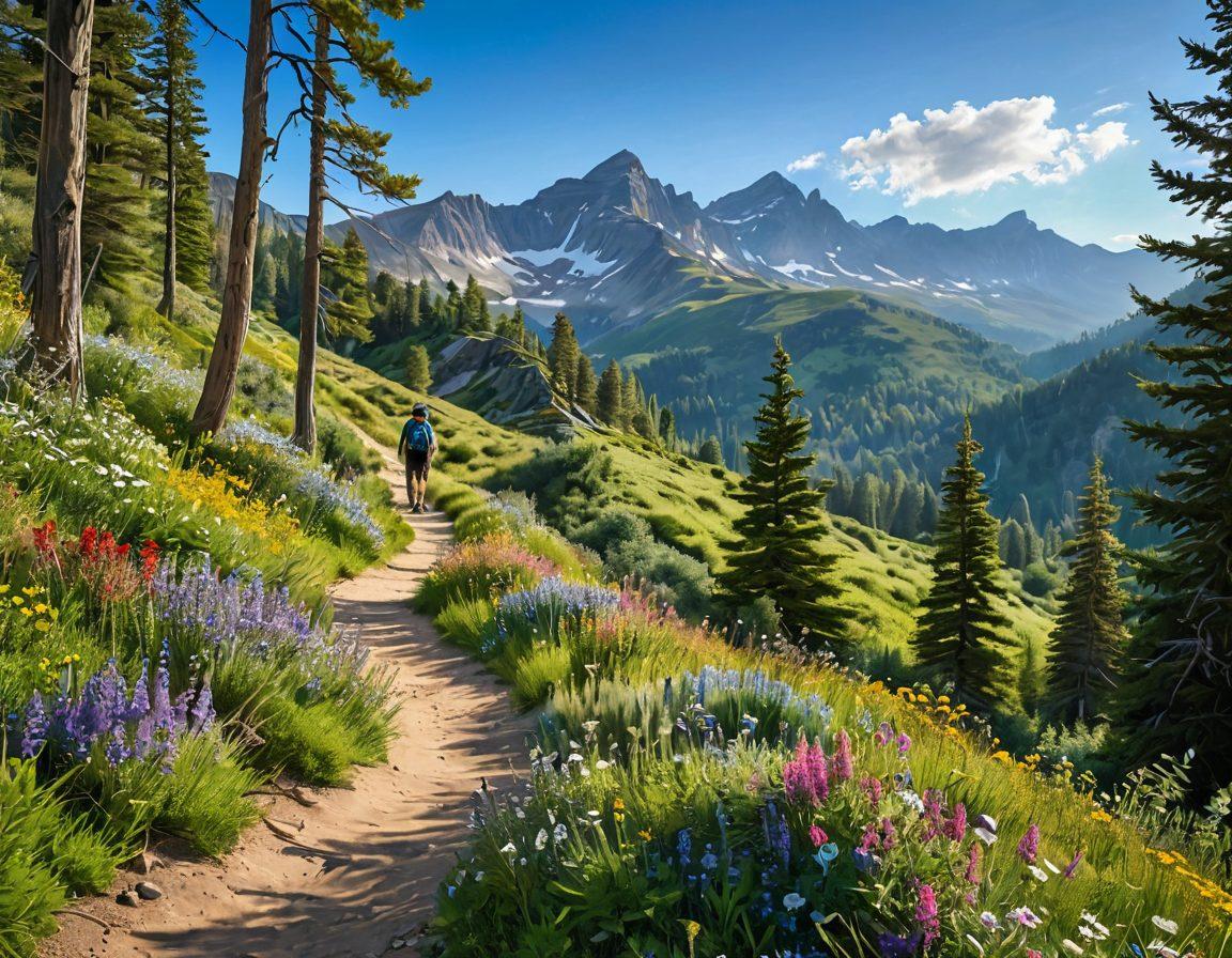 A serene nature scene featuring a winding trail surrounded by lush greenery and vibrant wildflowers, with a hiker pausing to admire a view of distant mountains. In the background, a clear blue sky and soft sunlight filtering through the trees create an inviting atmosphere. Emphasize the beauty of local travel and the tranquility of nature. super-realistic. vibrant colors.